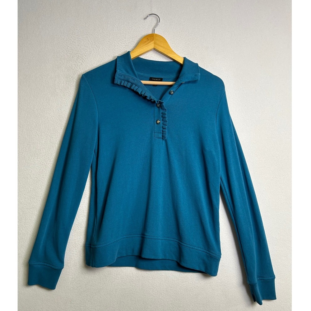 Preppy Classic Talbots Womens XS Teal Ruffle Henley Gold Button Sweatshirt